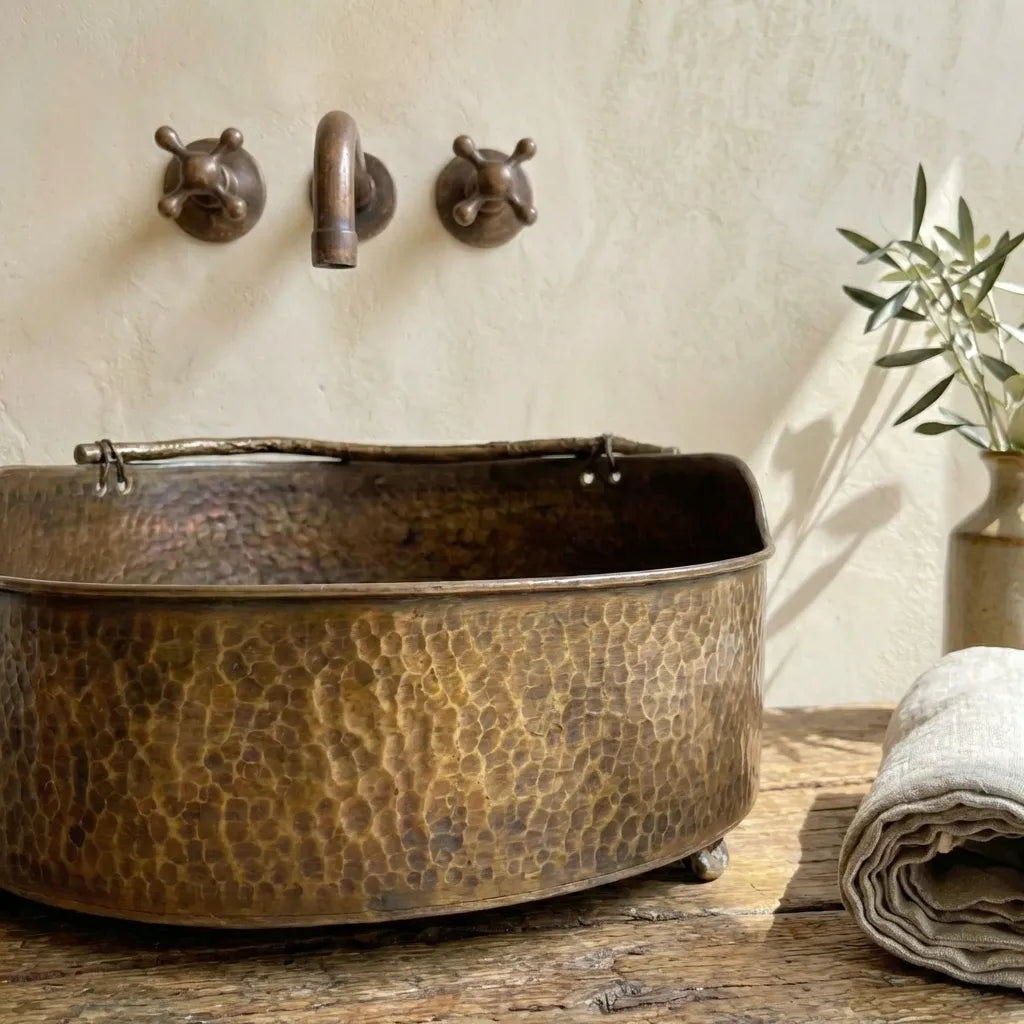 Rustic Brass Hammered Round Bathroom Sink, Aged Brass Vessel sink for bathroom