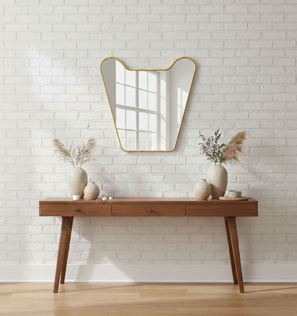 Varaudu Double Curve Crest Gold Handmade Brass Mirror - Antique Brass Bathroom Mirror, Vanity Wall Decor