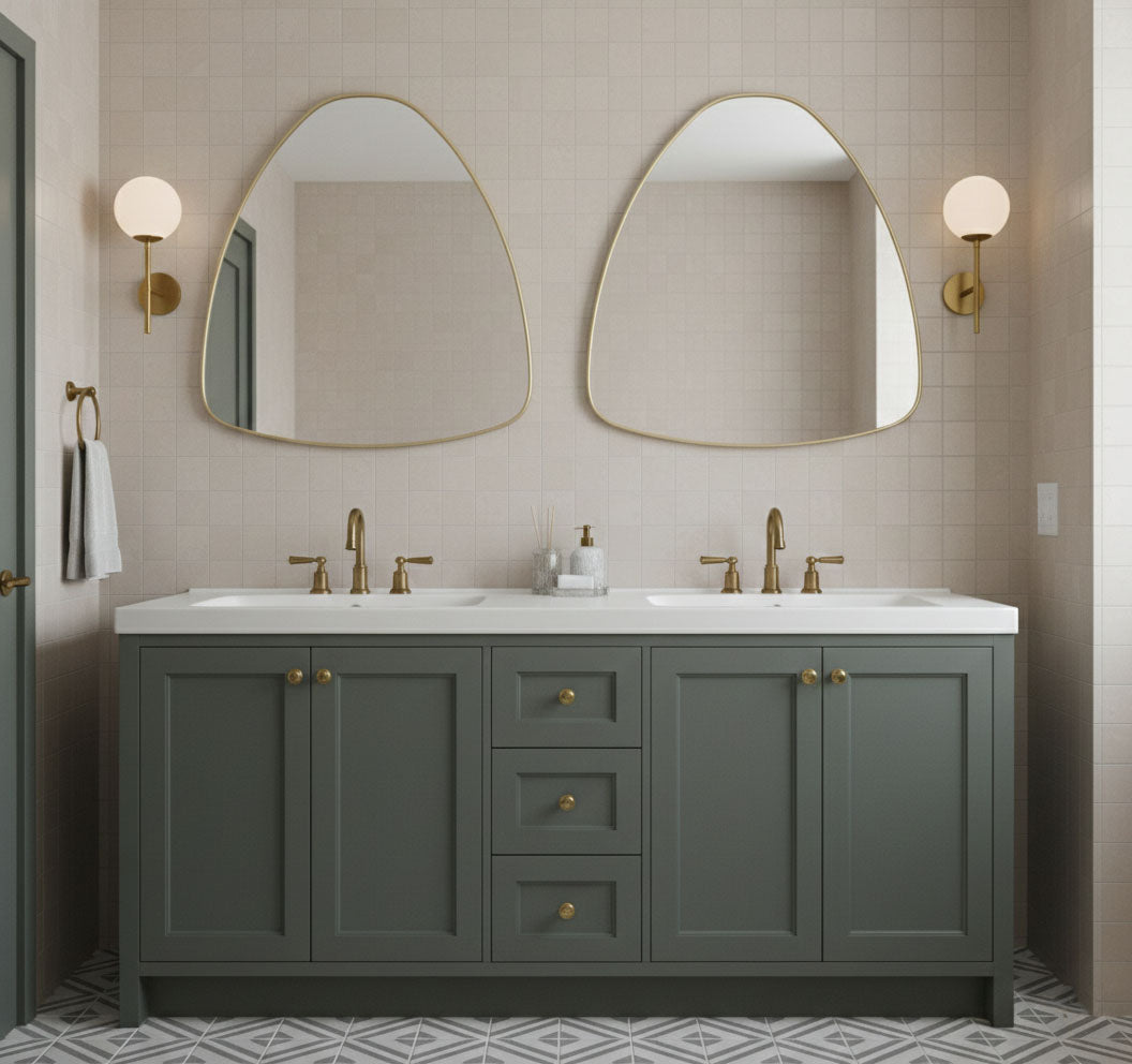Varaudu Pebble Triangle Brass Mirror Modern Wall Design - Antique Brass Bathroom Mirror, Vanity Wall Decor