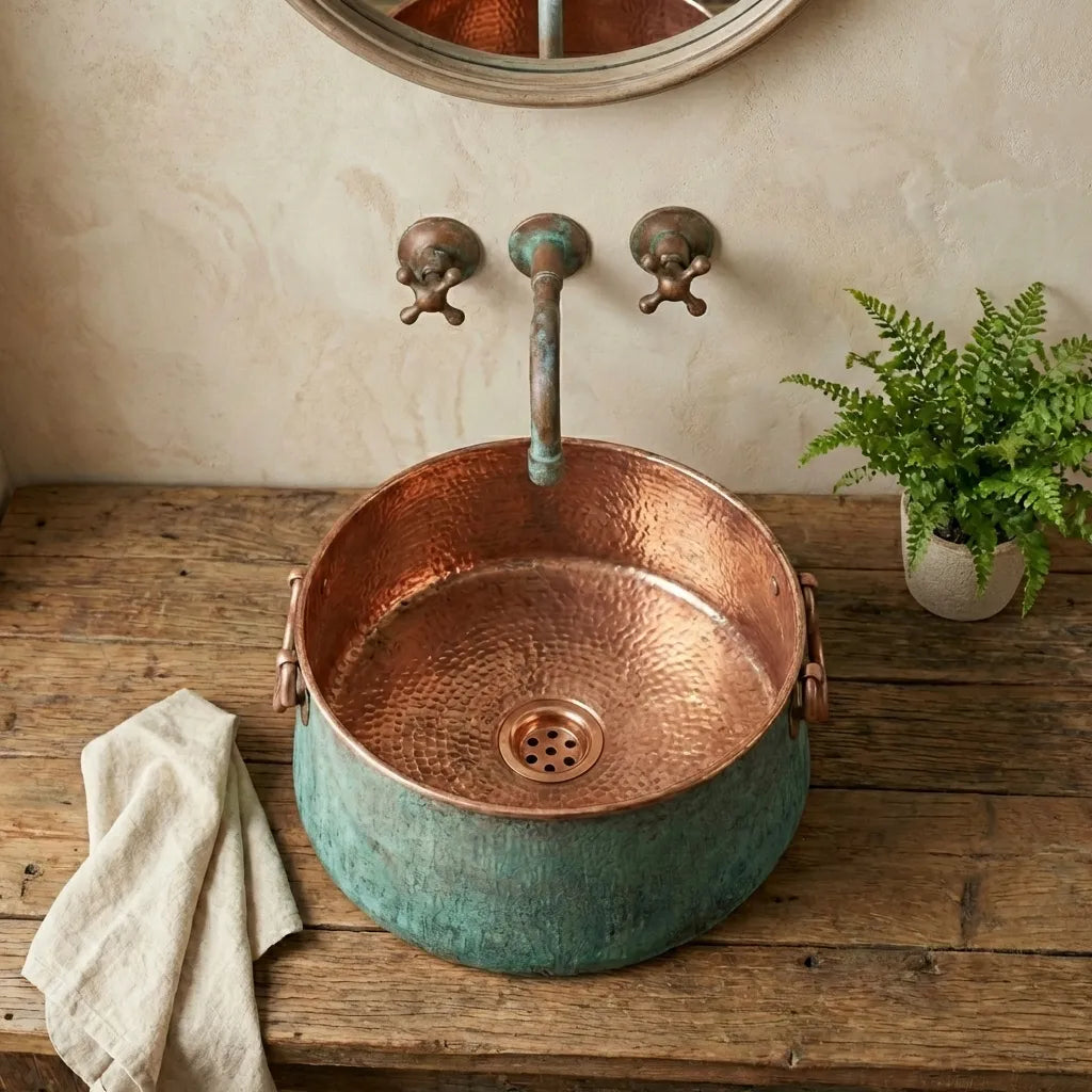 Bucket Vessel Sink Green patina Copper Bathroom Sink with Handles