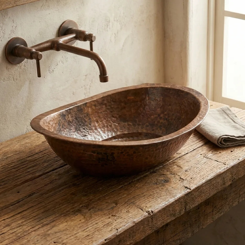 Aged Copper Vessel sink Bathroom, Hammered Oval Bathroom Sink