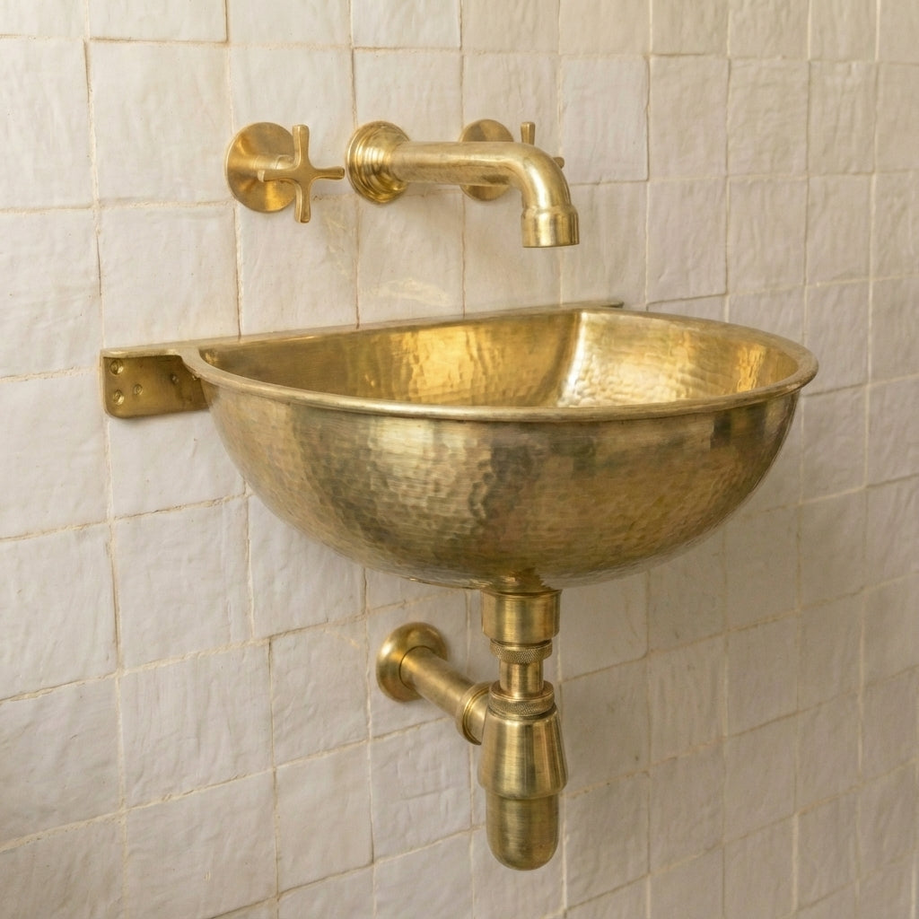 Unlacquered Brass Wall Sink – Hammered Bathroom Basin with FaucetHandmade Unlacquered Brass Wall Sink with Faucet – Hammered Basin