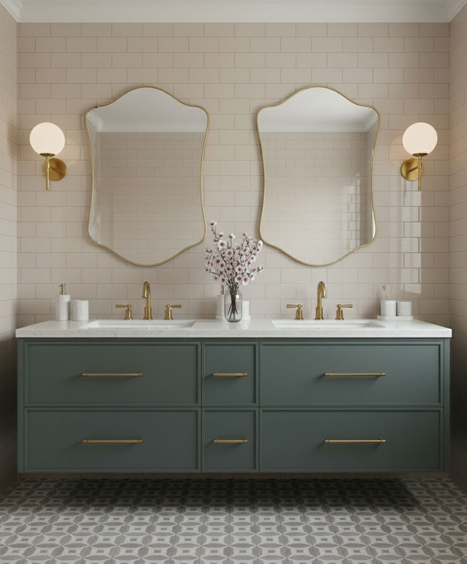 Varaudu Wavy Shield Mirror Handmade Brass Mirror - Antique Brass Bathroom Mirror, Vanity Wall Decor