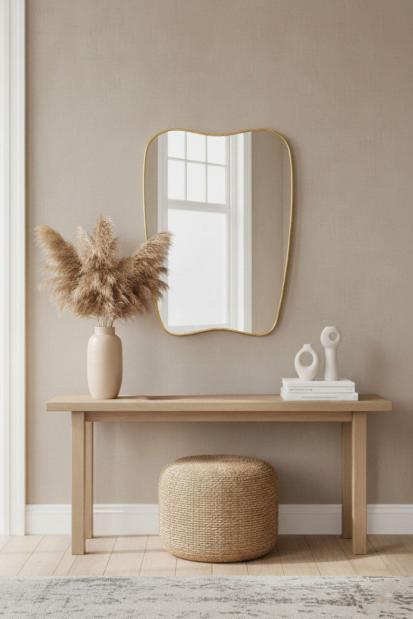 Varaudu Modern Curved Brass Mirror Handmade Wall Mirror - Antique Brass Bathroom Mirror, Vanity Wall Decor