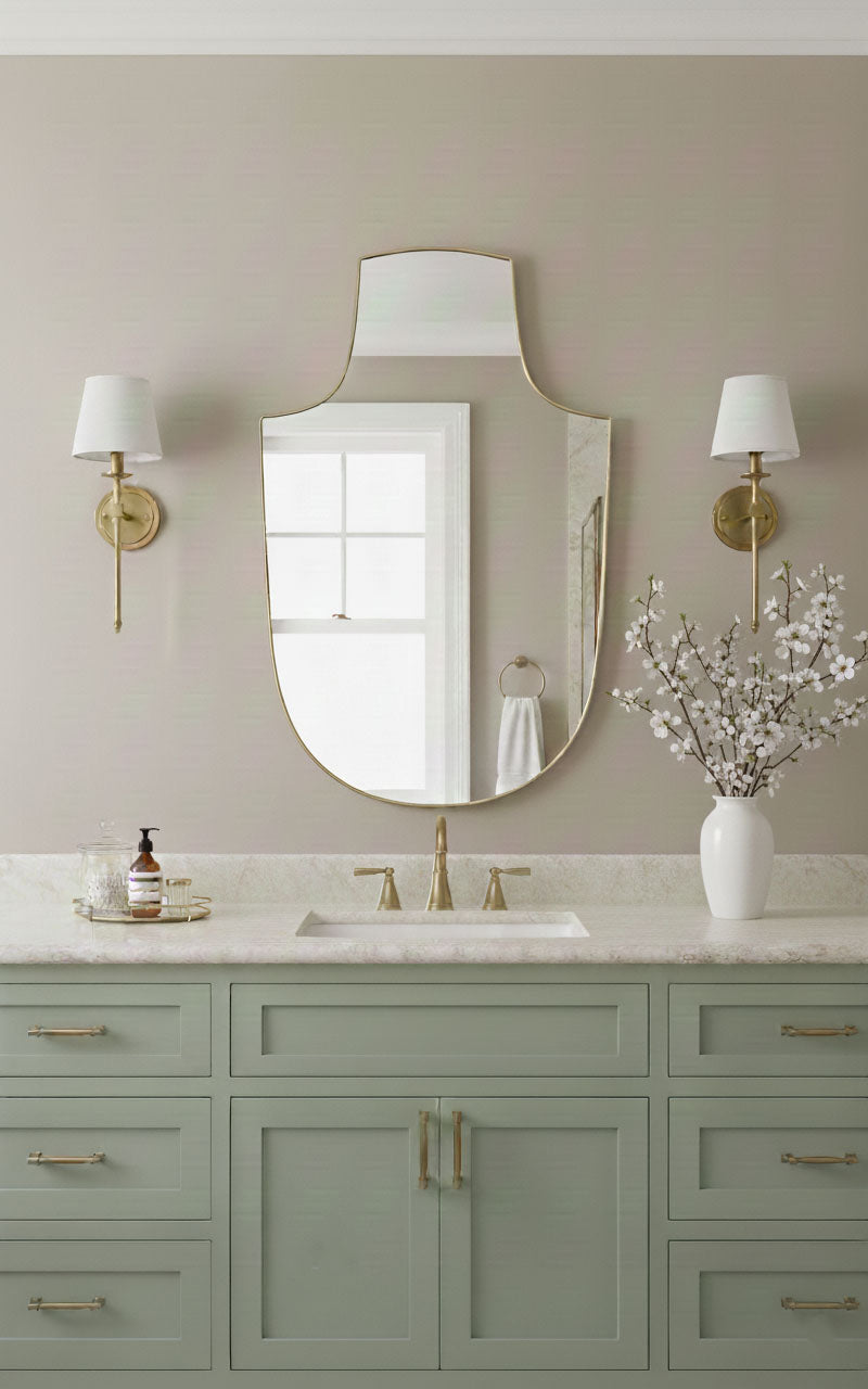 Varaudu Arch Top Shield Bathroom Brass Mirror - Antique Brass Bathroom Mirror, Vanity Wall Decor