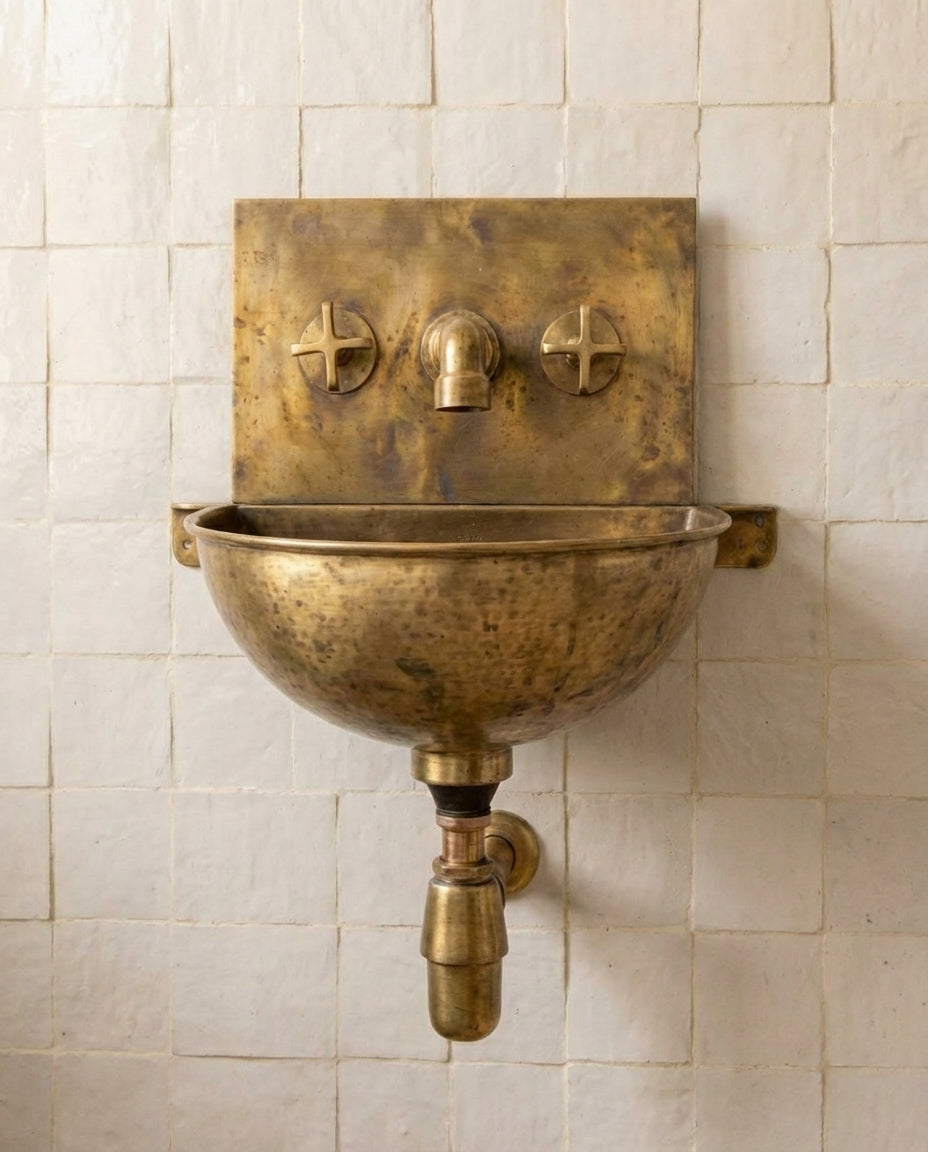 Vintage Brass Wall Mounted Sink with Unlacquered Brass Faucet