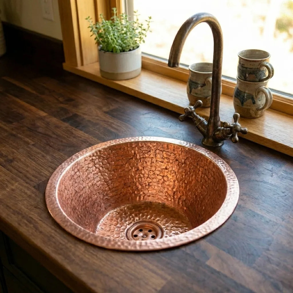 Round kitchen Sink, Hammered Copper Round Drum Bar Sink Including Drain
