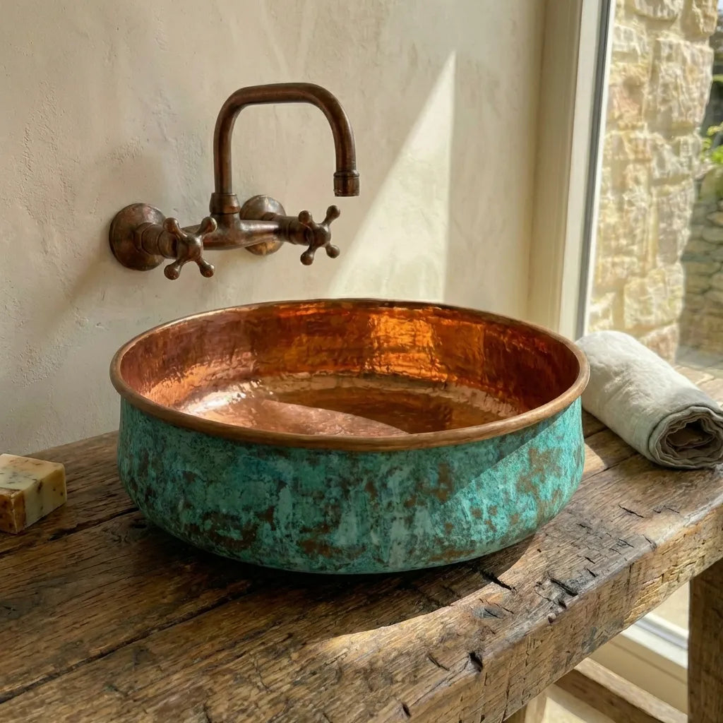 Handmade Copper Patina Bathroom Vessel Sink ,Round Vessel sinks for bathroom