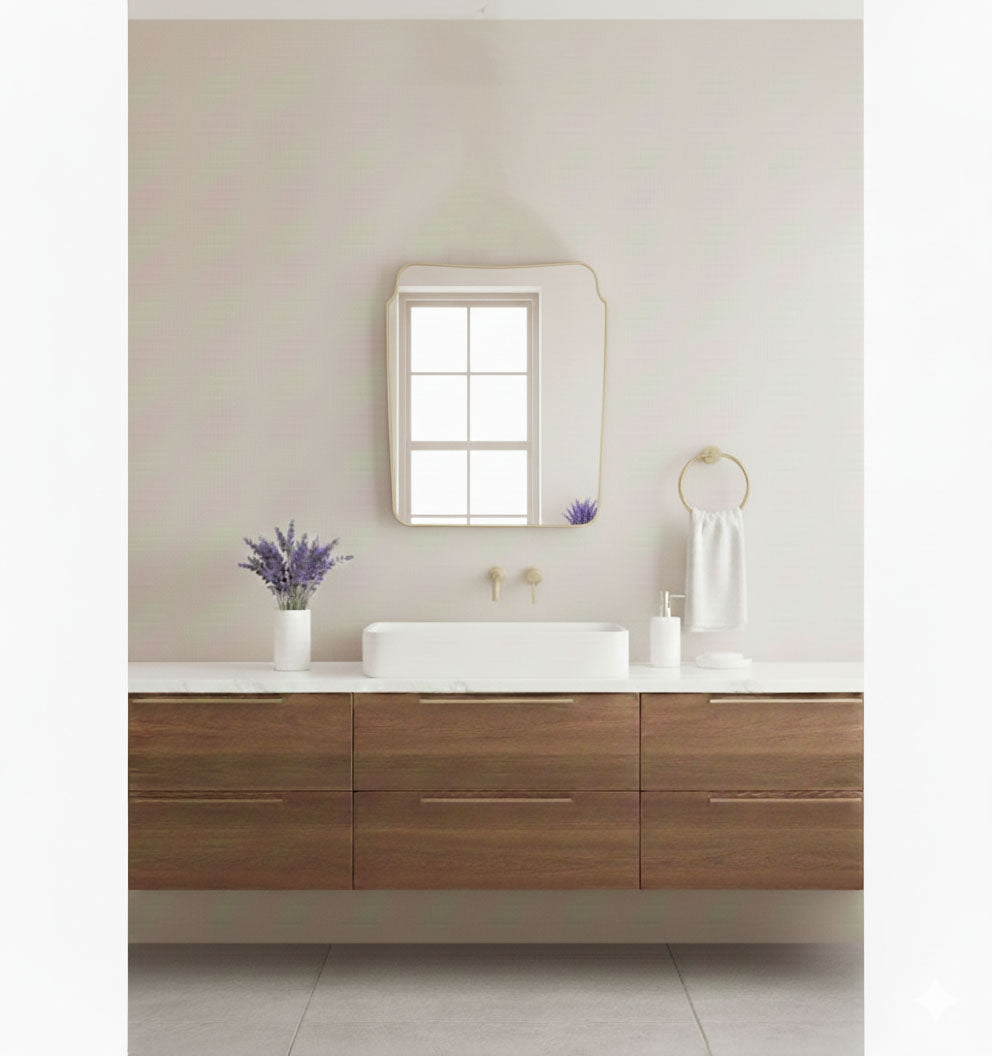 Varaudu Rounded Crest Rectangle Brass Mirror - Antique Brass Bathroom Mirror, Vanity Wall Decor