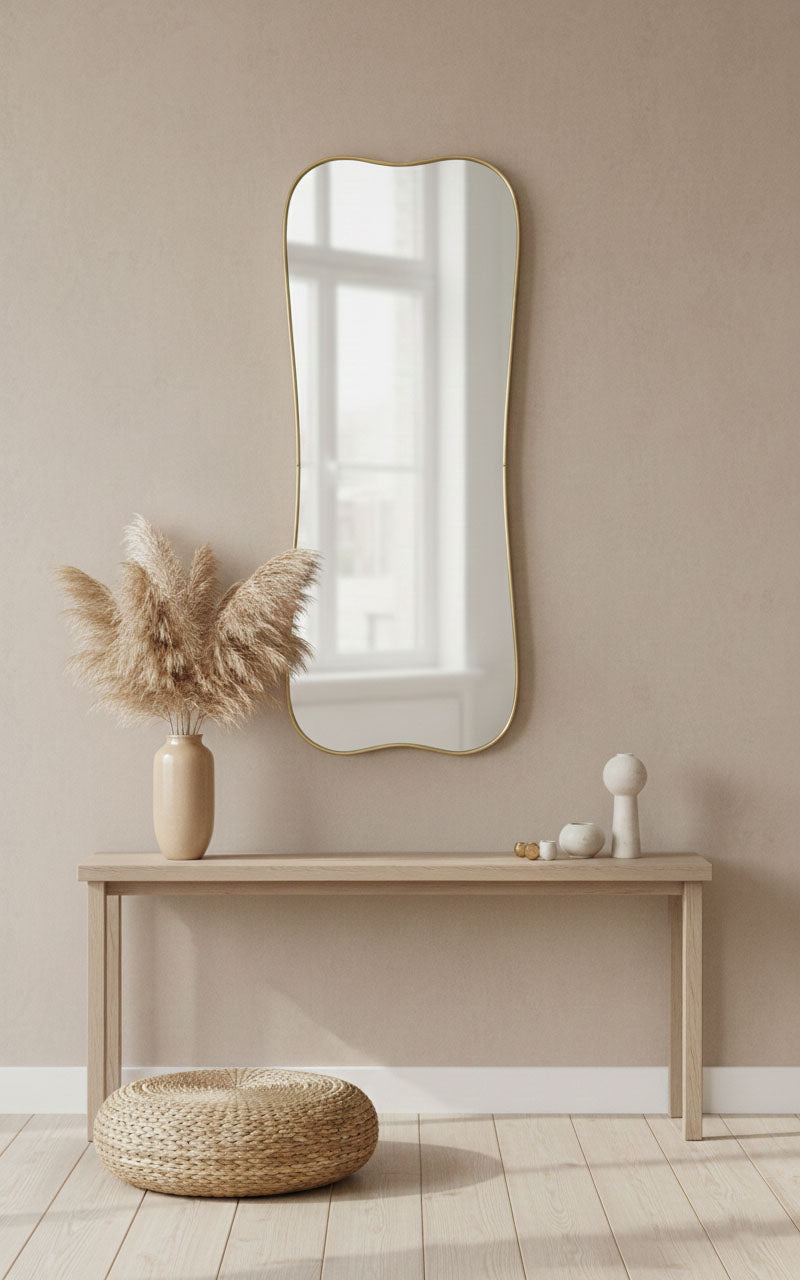 Varaudu Curve Rectangle Mirror Handmade Brass Mirror - Antique Brass Bathroom Mirror, Vanity Wall Decor