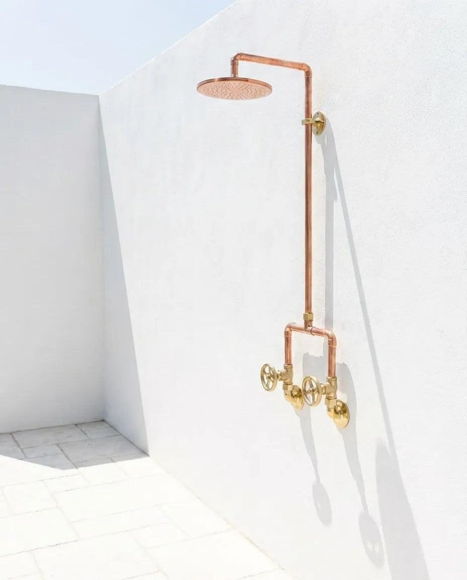 Handcrafted Copper Rainfall Outdoor Shower System with Dual Handle Valves – Wall Mounted Rustic Luxury Garden Shower Fixture