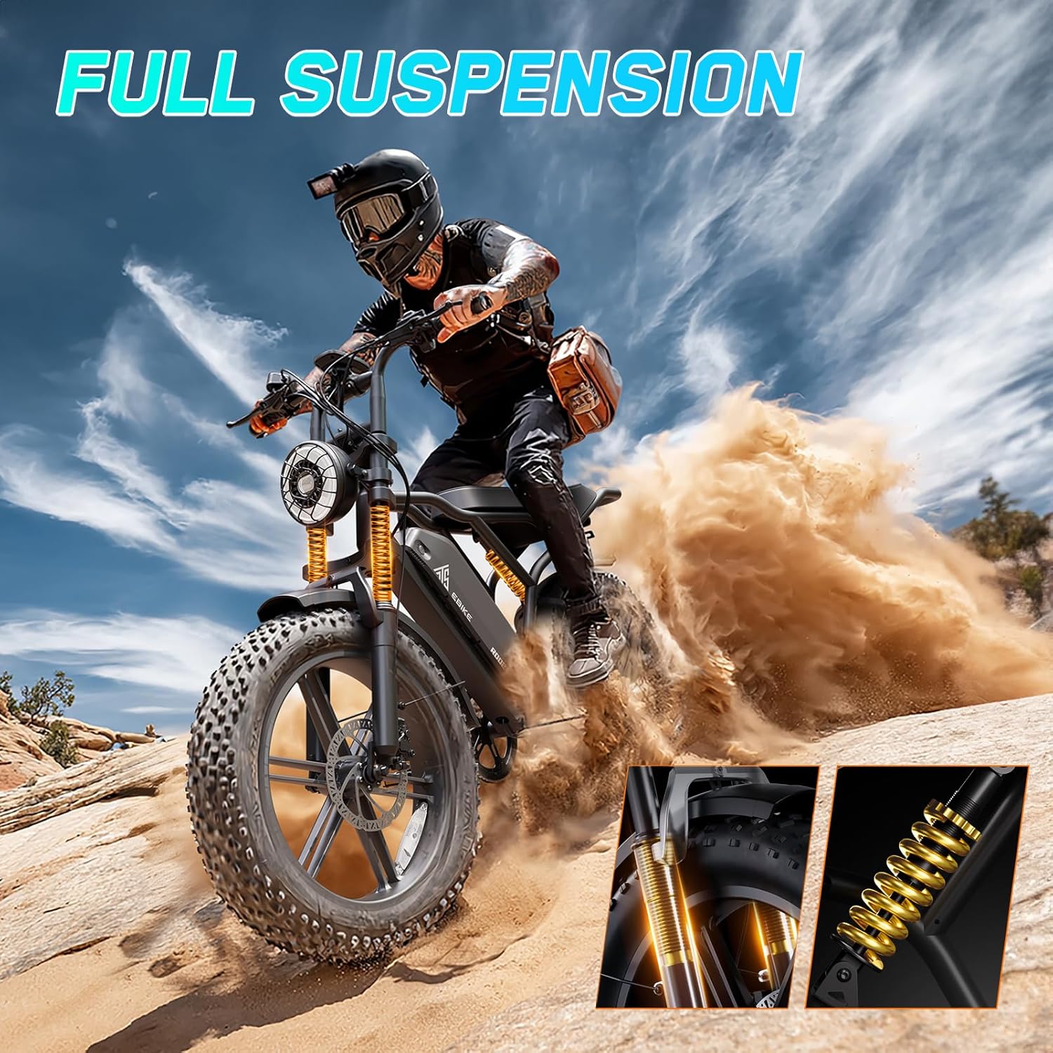 Electric Bicycle with Removable 48V Battery, Dual Suspension, 7-Speed Gears, 20-Inch Fat Tires, LCD Display