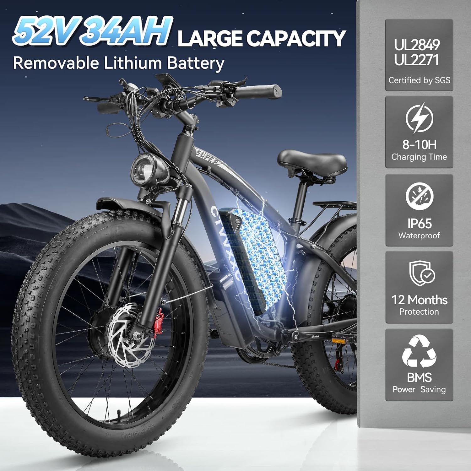 Electric Bicycle with Dual Assist, Removable 52V Battery, 7-Speed Gears, 24-Inch Fat Tires