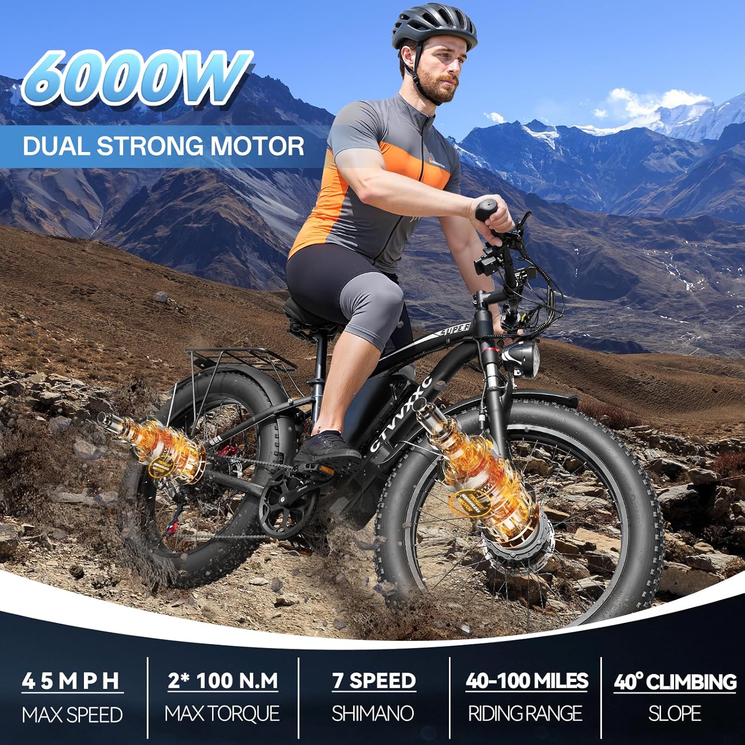Electric Bicycle with Dual Assist, Removable 52V Battery, 7-Speed Gears, 24-Inch Fat Tires