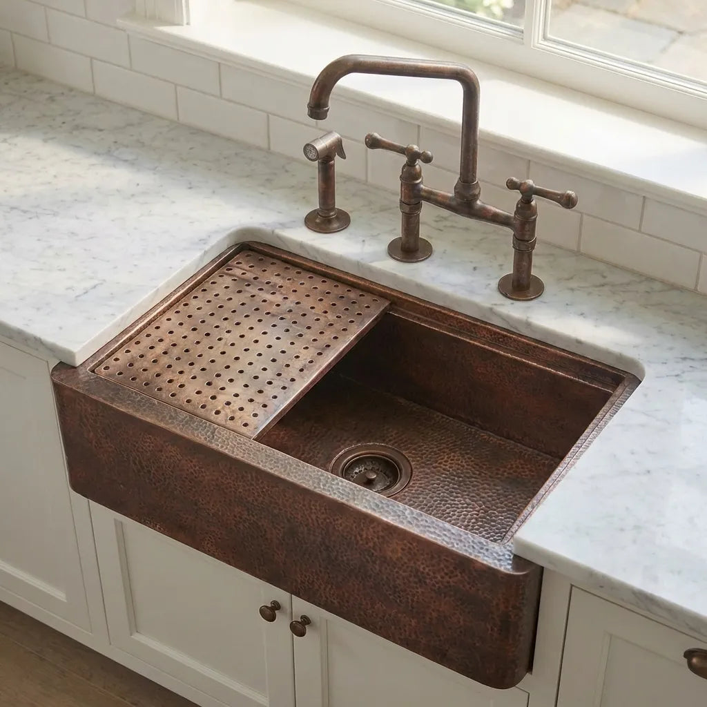 Aged Copper Patina farmhouse sink with flat grid