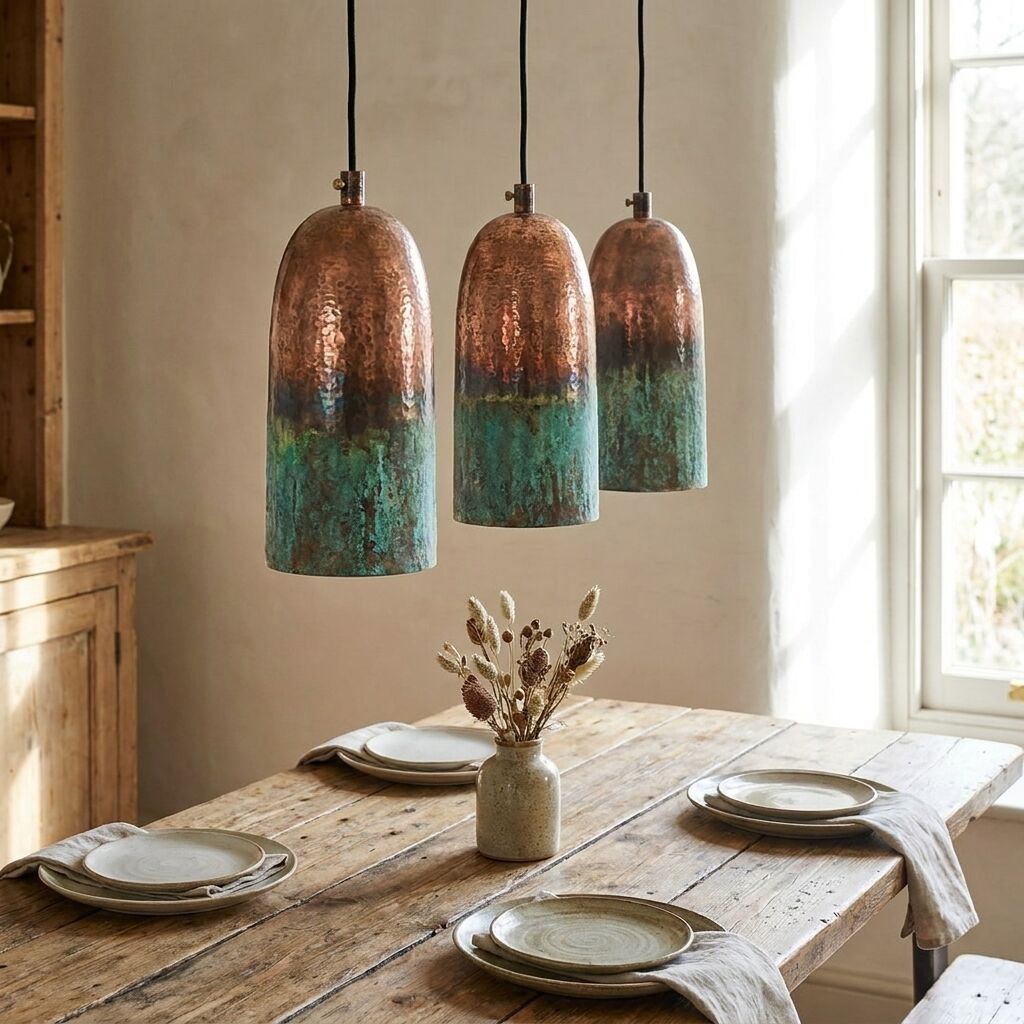 Set of Three Hammered Copper Pendant Lights – Green Patina Farmhouse Lighting