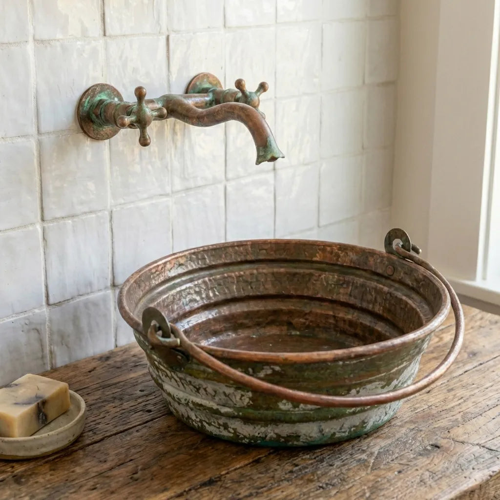 Green Patina Copper Bucket Sink – Handmade Round Vessel Basin with Handles