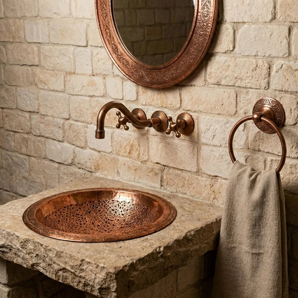 Handmade Engraved Copper Vessel Sink – Rustic Bathroom Washbasin