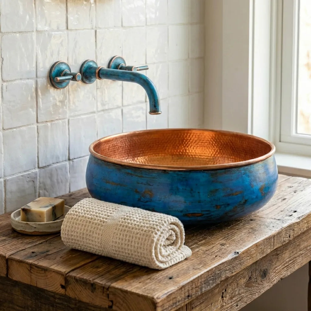 Handmade Blue Patina Copper Vessel Sink – Round Bathroom Basin