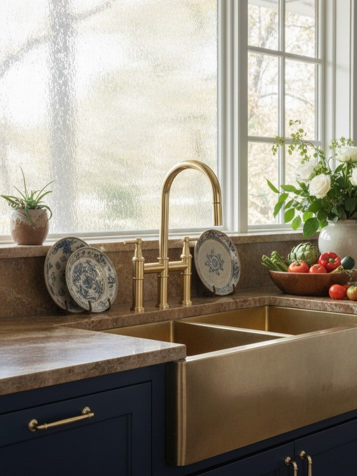 Solid Brass Bridge Kitchen Faucet with Pull Down Sprayer