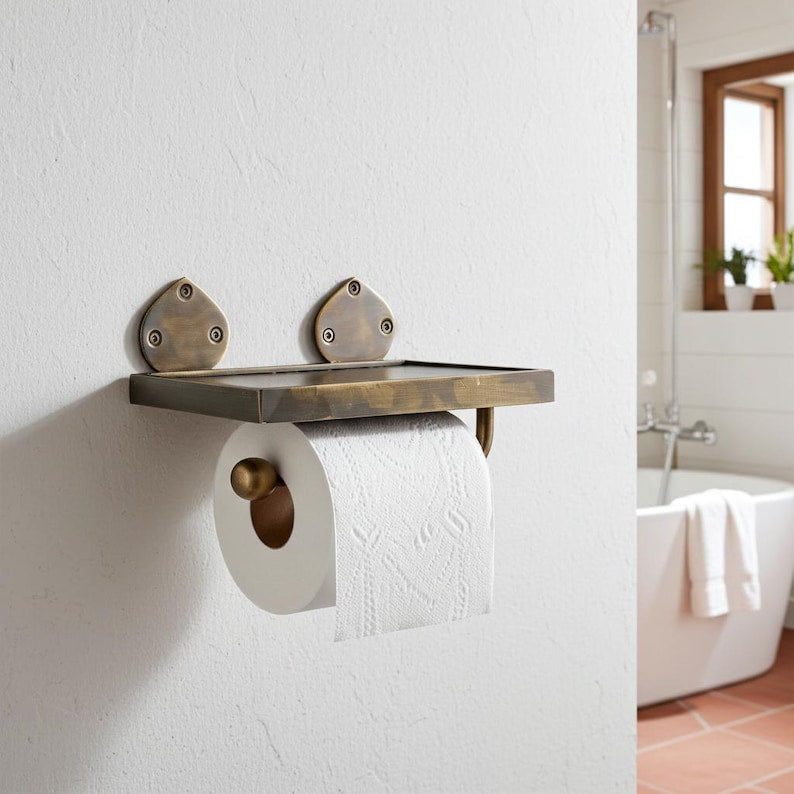 Brass Toilet Paper Holder with Shelf – Wall Mounted Vintage Bathroom Hardware