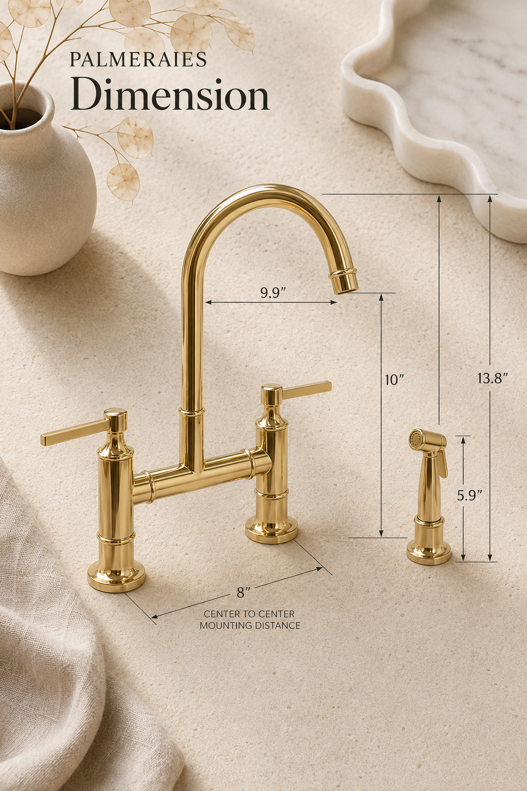 Solid Brass Bridge Kitchen Faucet with Side Sprayer