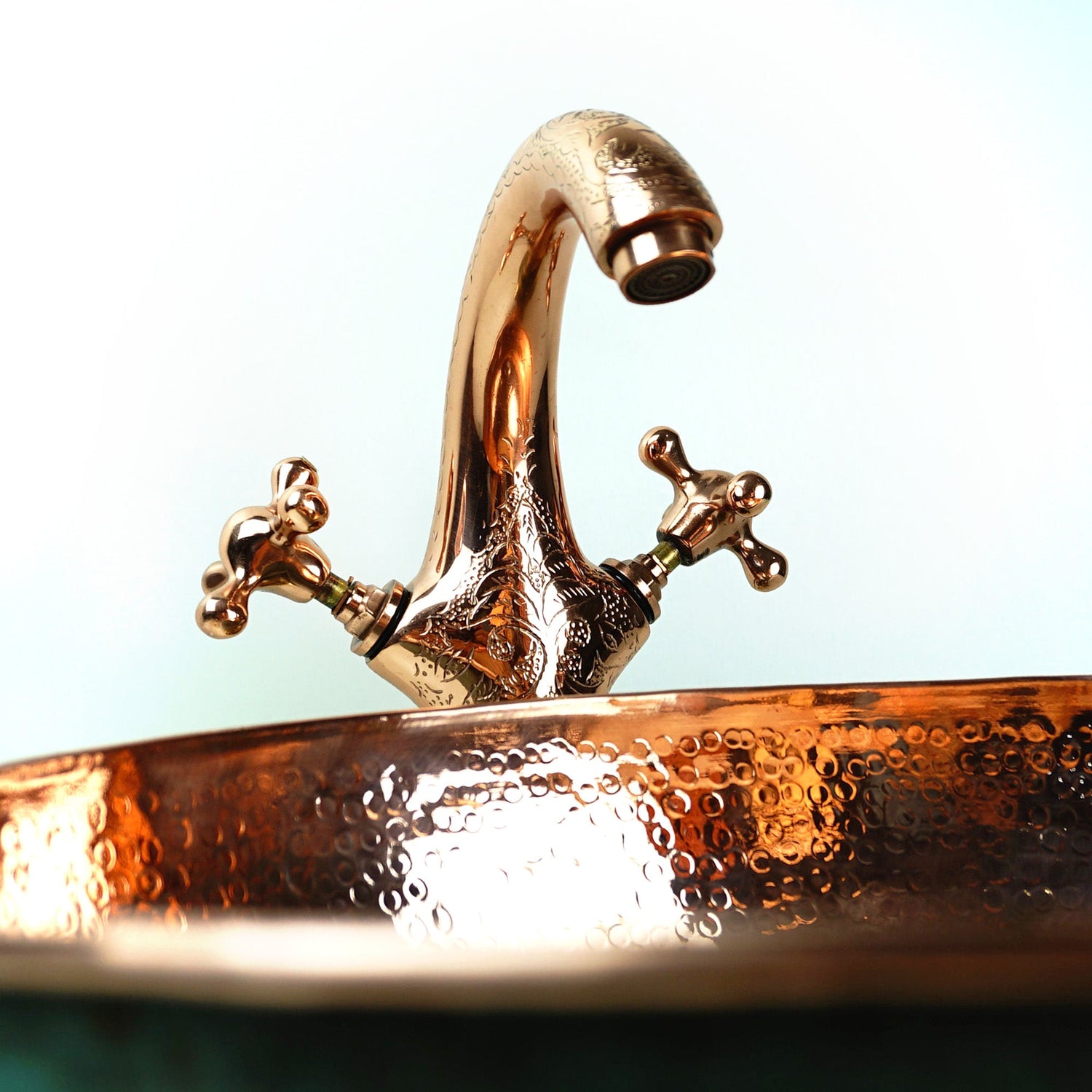 Copper Faucet Bathroom Sink, Engraved Single Hole Copper Faucet