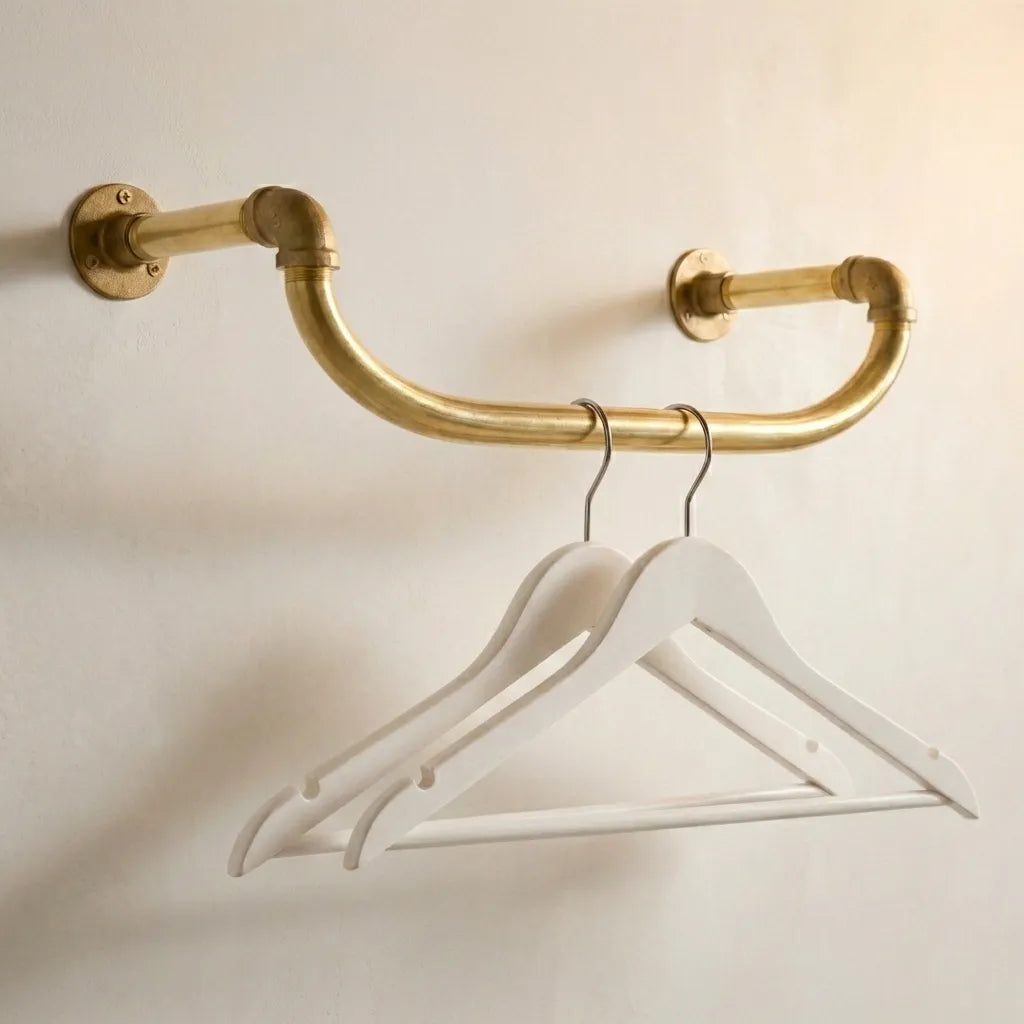 Curved Wave Unlacquered Solid Brass Pipe Wall Clothes Rack - Sculptural Garment Rail