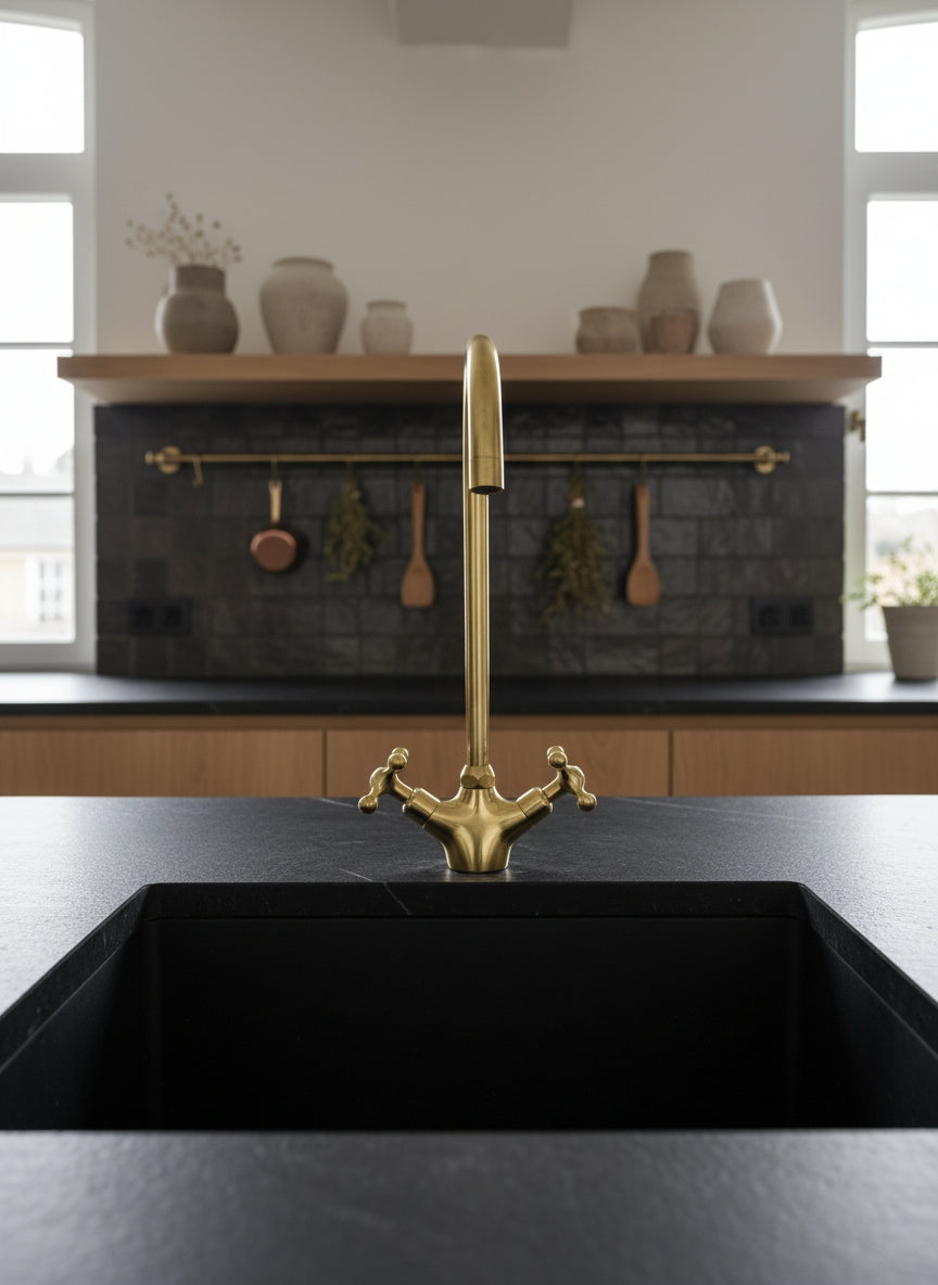 Unlacquered Brass Faucet – Dual Cross Handle Gooseneck Faucet