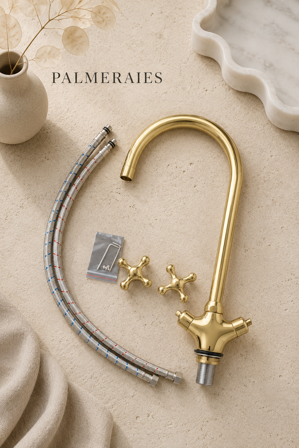 Unlacquered Brass Faucet – Dual Cross Handle Gooseneck Faucet