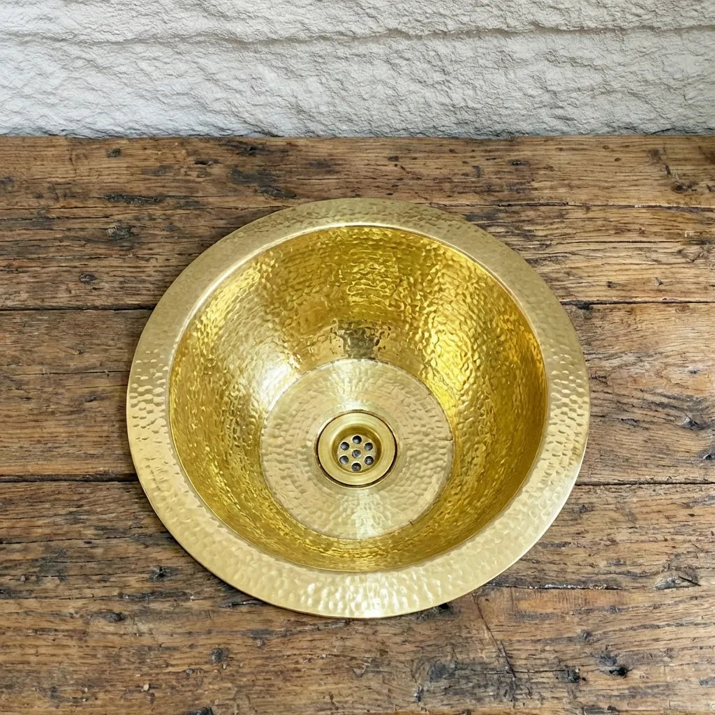 Hammered Unlacquered Brass Round Bar Sink – Solid Brass Prep Sink with Drain
