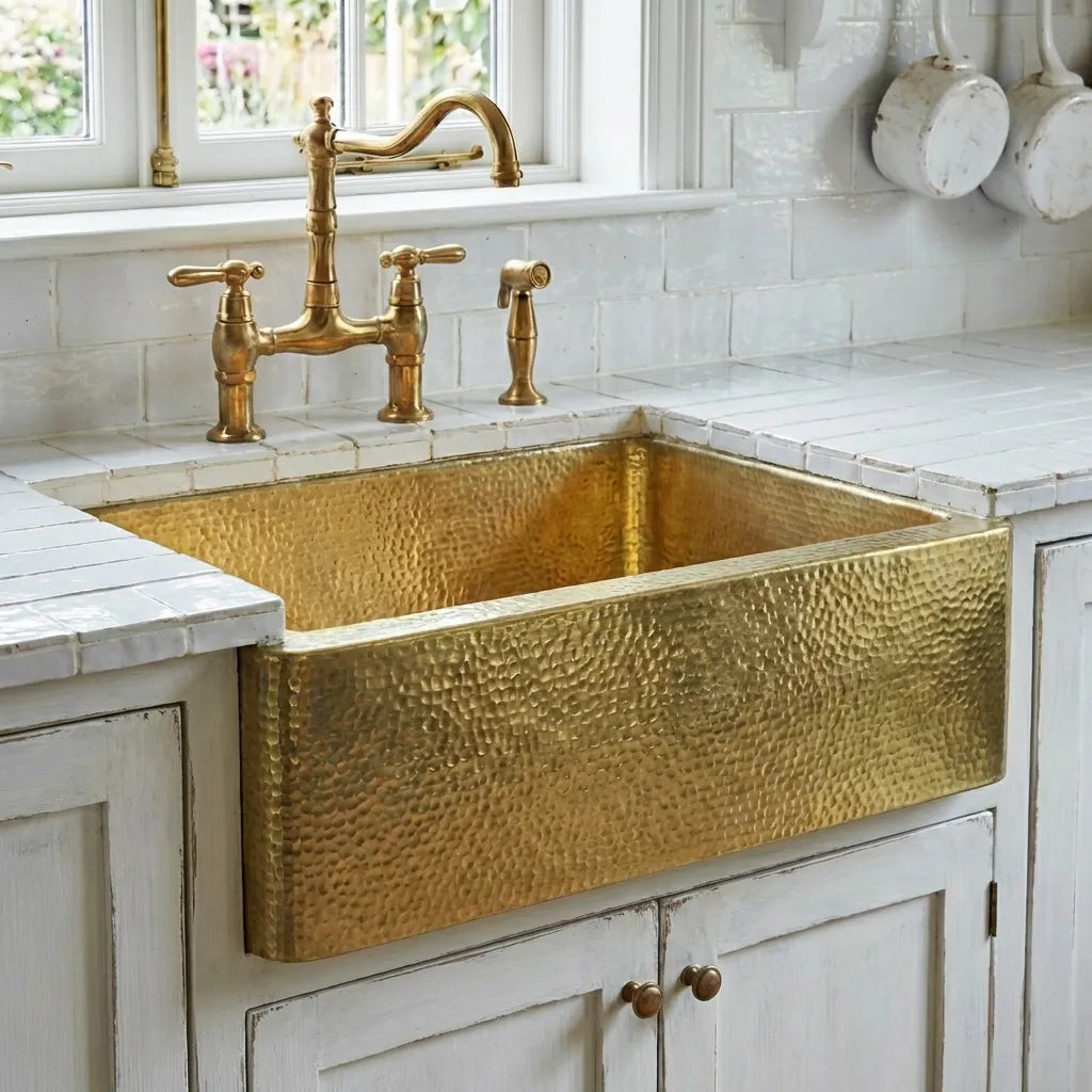 Handcrafted Hammered Brass Apron-Front Farmhouse Kitchen Sink