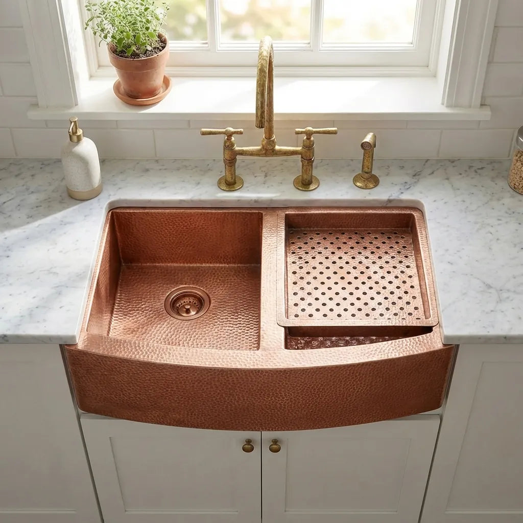 Double-Bowl Hammered Copper Farmhouse Kitchen Sink - Kova