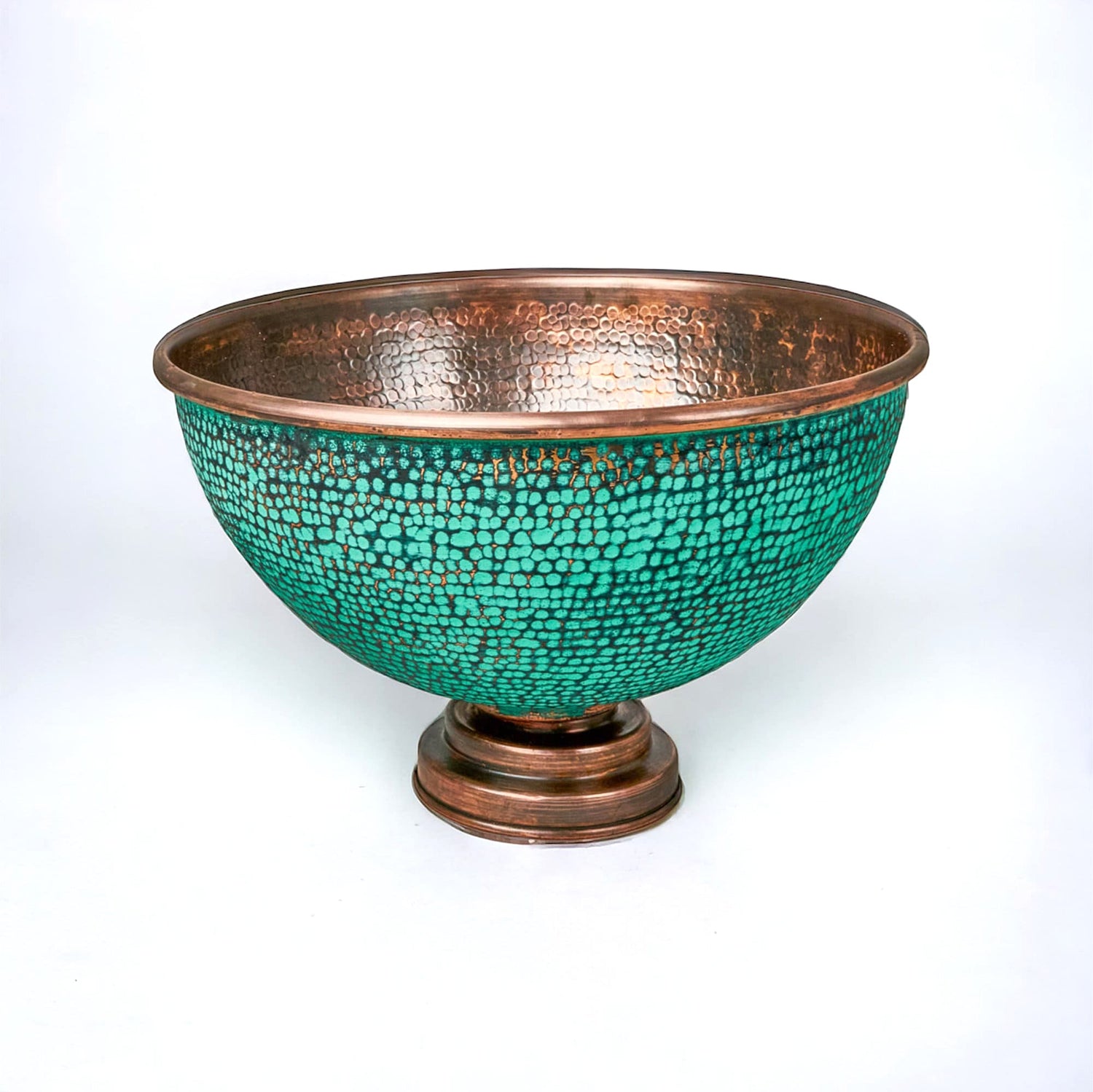 Handcrafted Hammered Copper Sink Vessel, Green Patina Round Countertop Basin