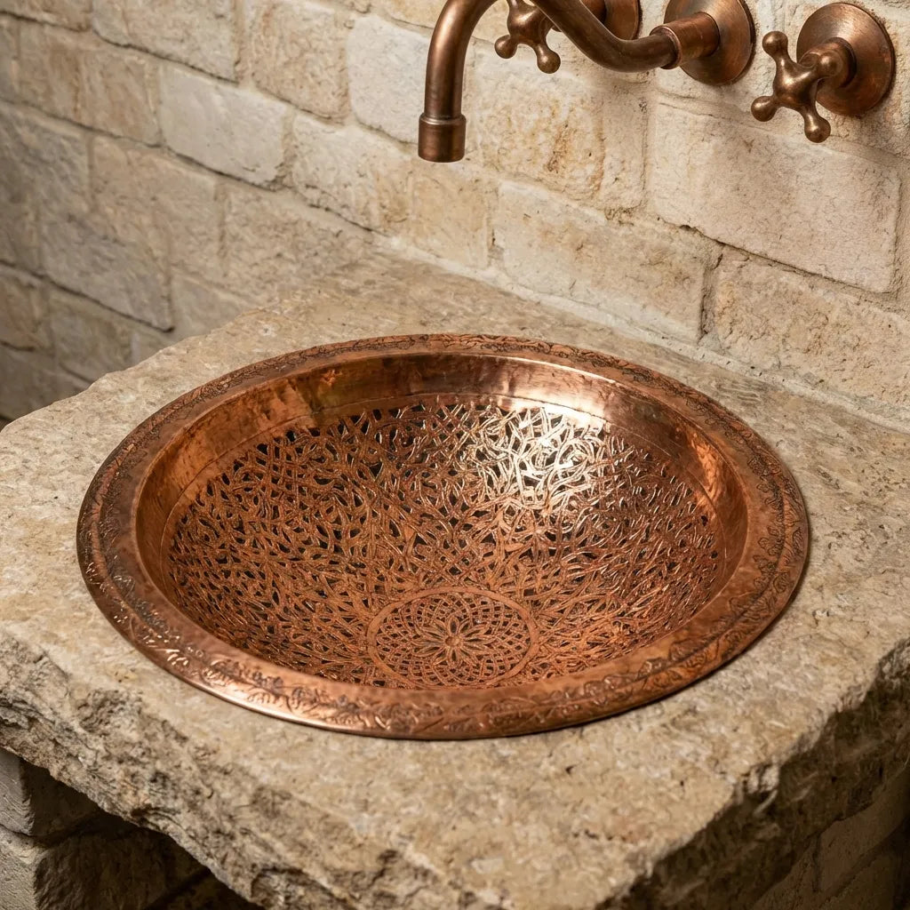 Handmade Engraved Copper Vessel Sink – Rustic Bathroom Washbasin