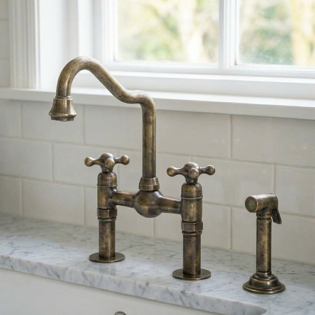 Handmade Antique Brass Heritage Bridge Kitchen Faucet - S-Curve Spout