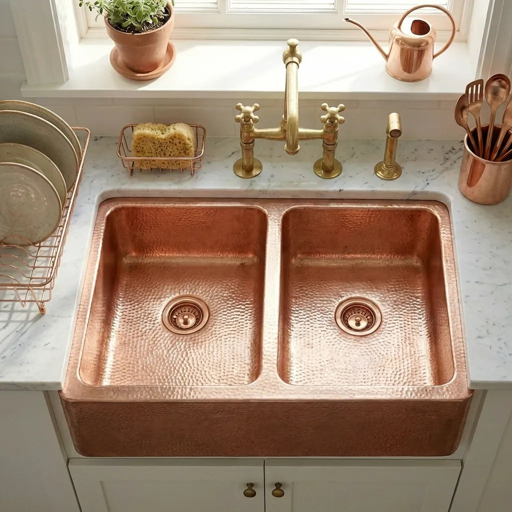 Double Bowl Copper Kitchen Sink Front Apron-Jett