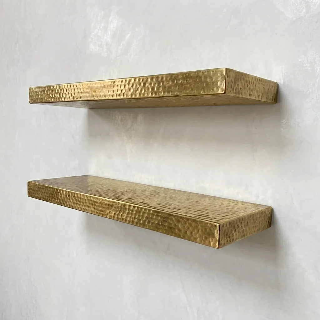 Hammered Solid Brass Floating Wall Shelf – Unlacquered Solid Brass Wall Mounted Shelf