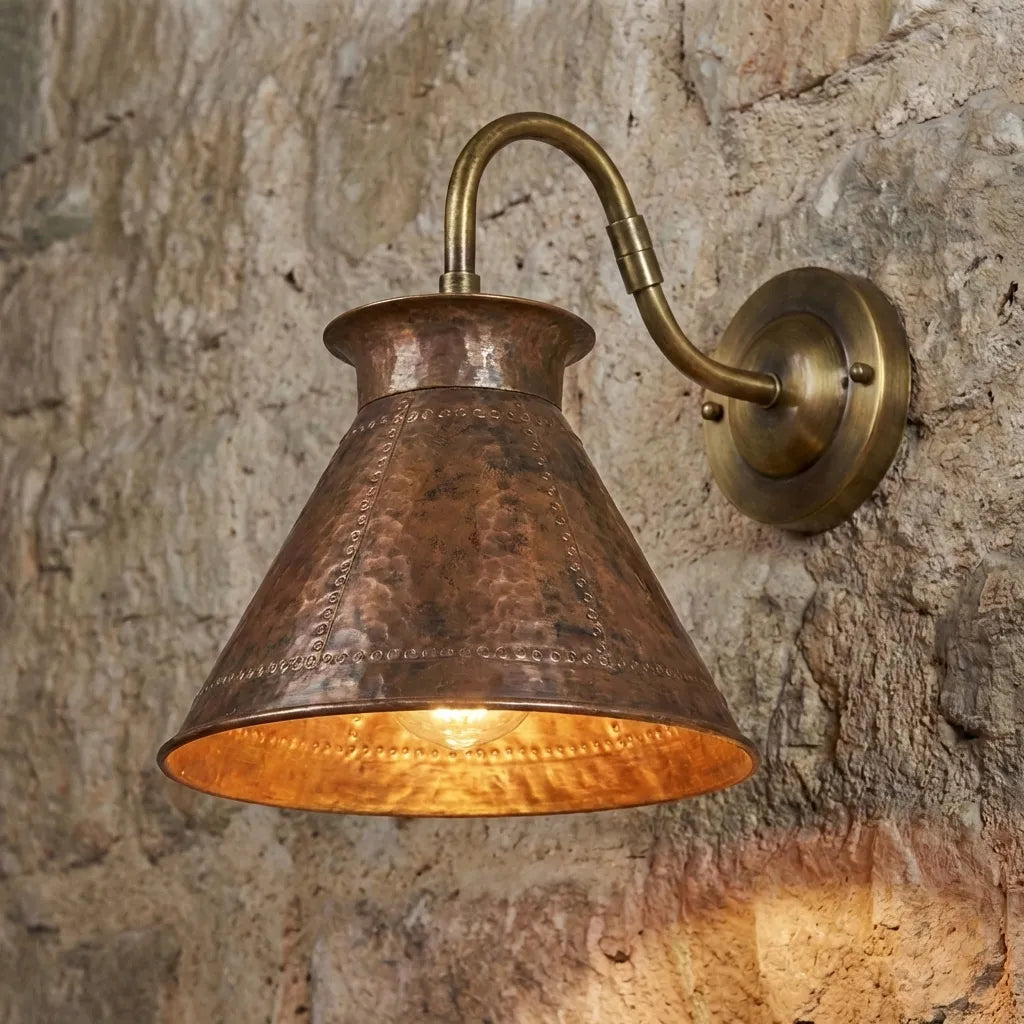 Handmade Hammered Copper Wall Sconce – Rustic Cone Shade Light