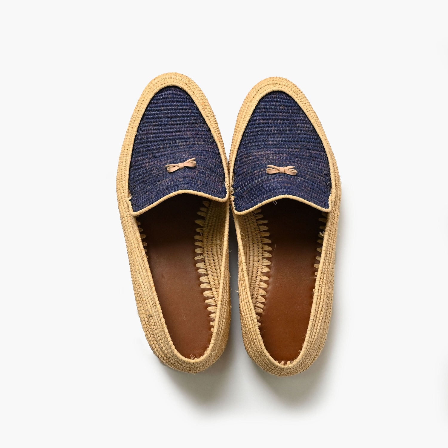 Handwoven Raffia Loafers with Navy Detail – Moroccan Summer Shoes