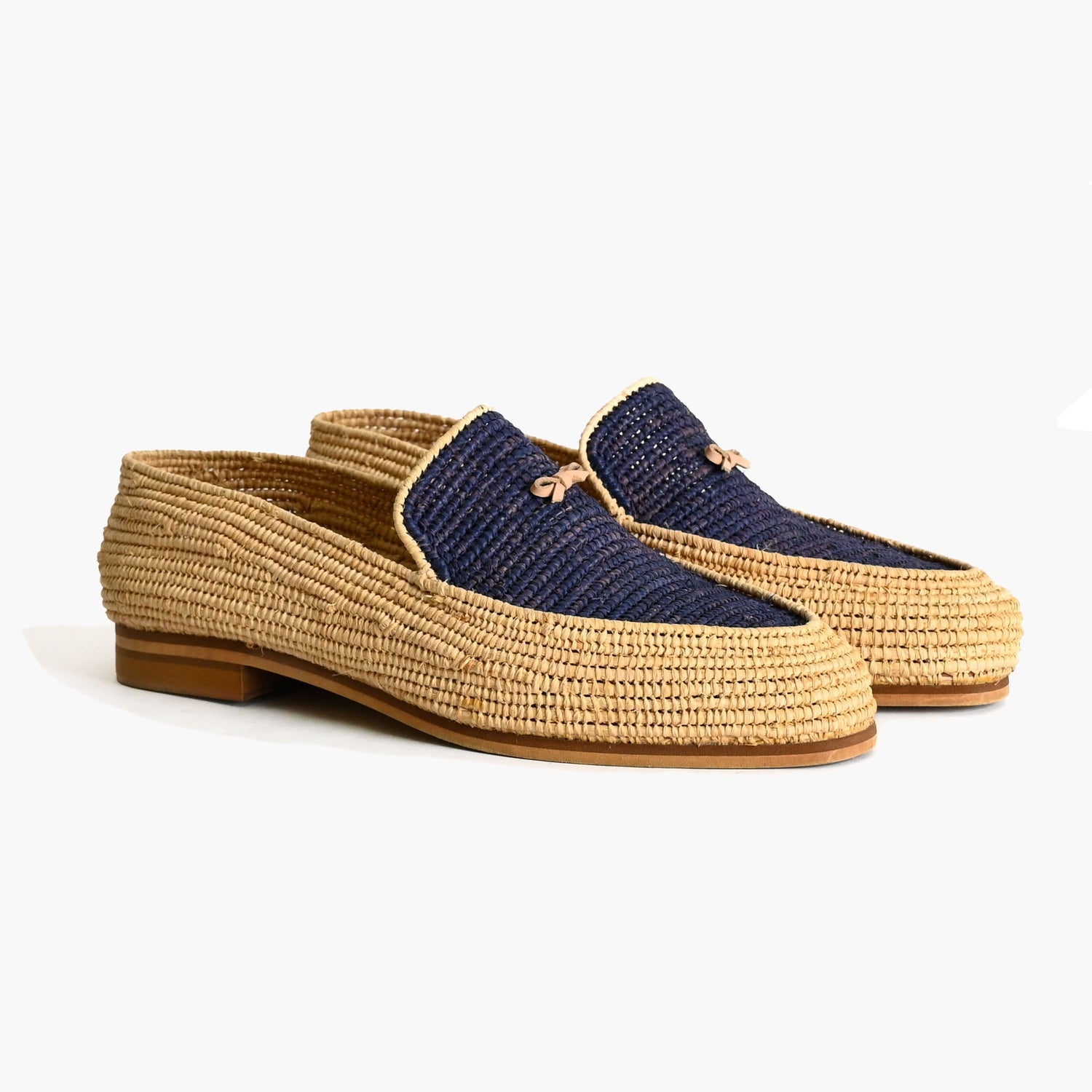 Handwoven Raffia Loafers with Navy Detail – Moroccan Summer Shoes