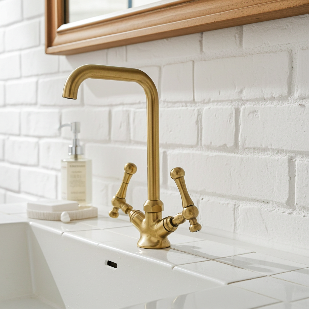 Unlacquered Brass Gooseneck Faucet – Classic Cross Handle Basin Tap