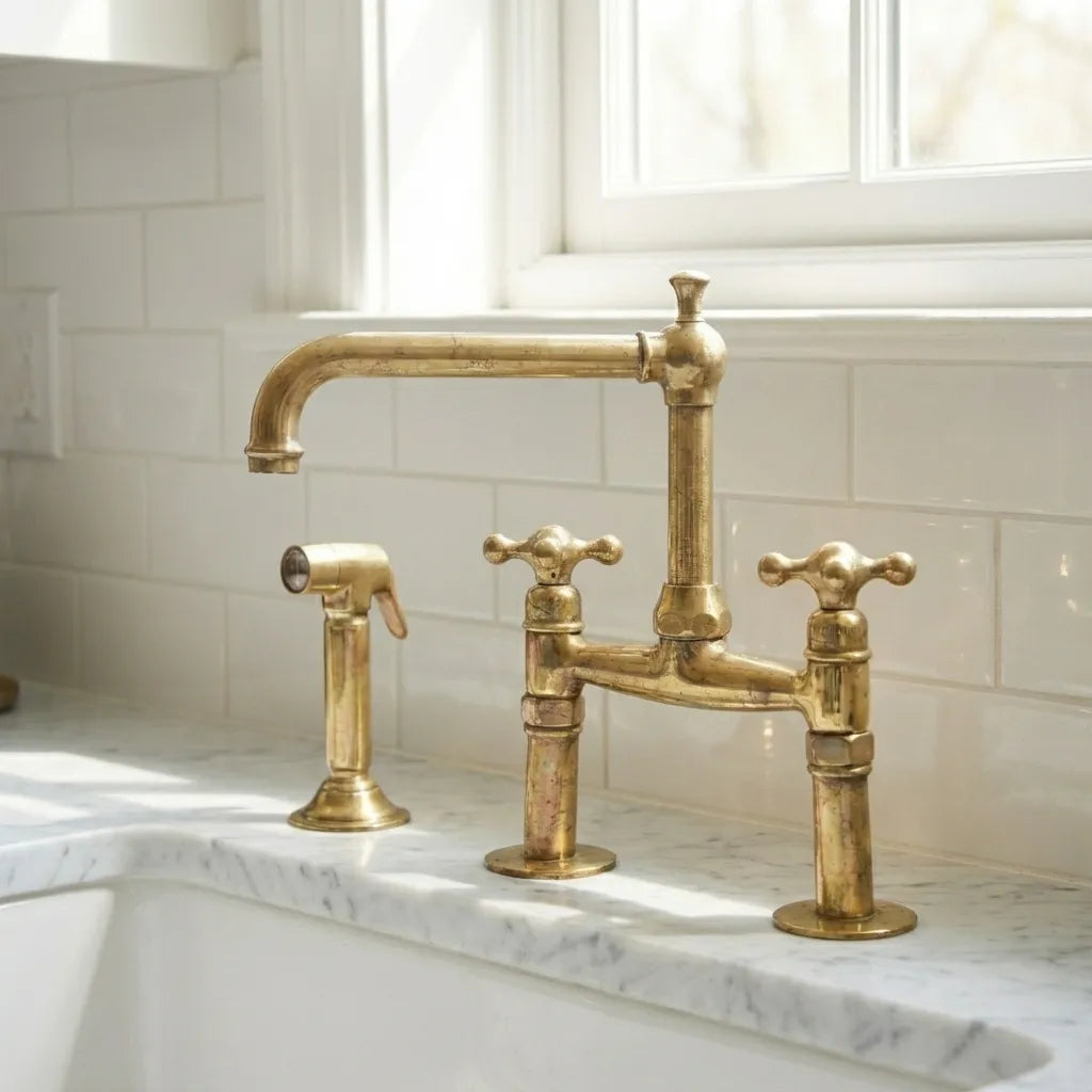 Old-World Unlacquered Brass Bridge Faucet With Traditional Design