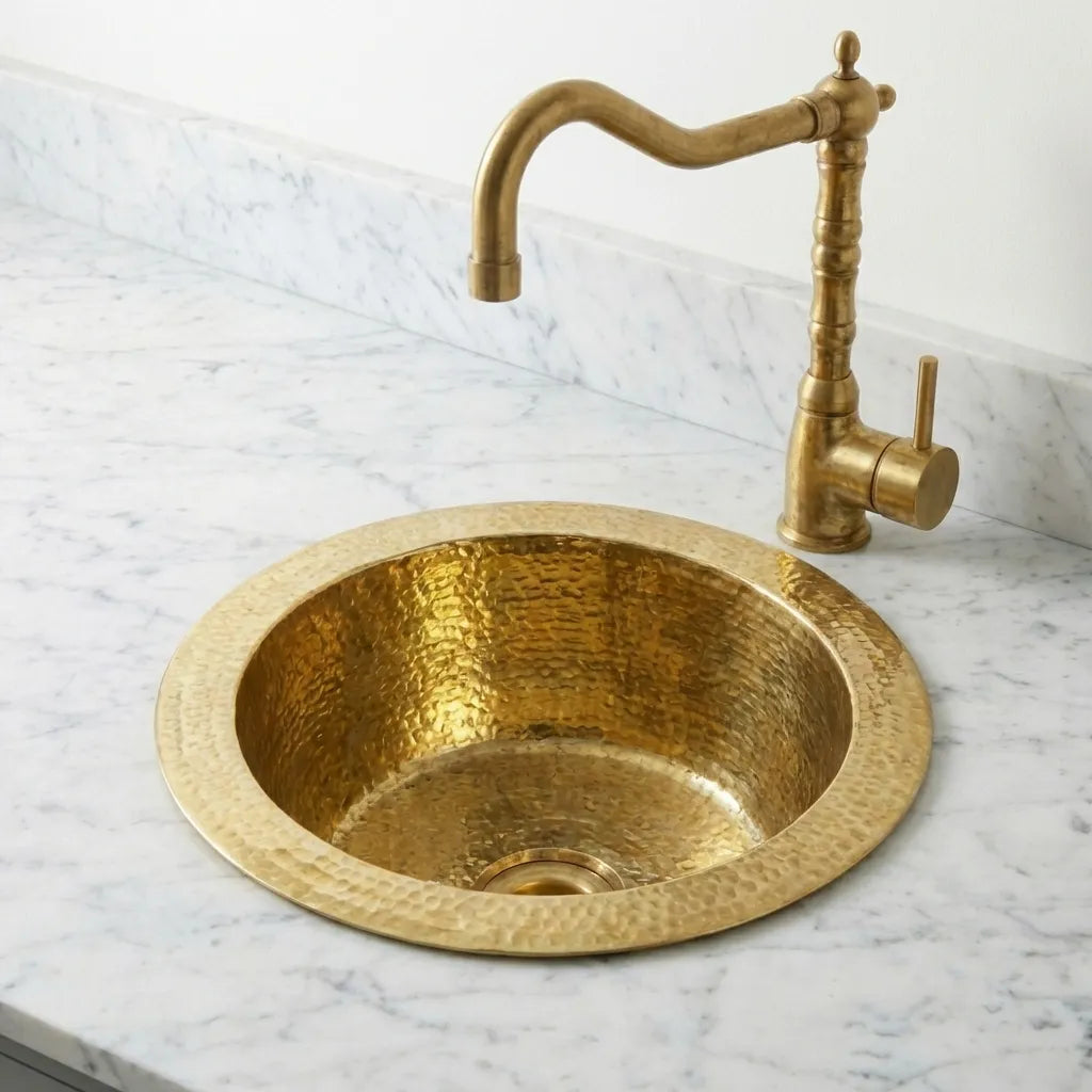 Handmade Hammered Brass Round Sink – Solid Unlacquered Brass Bar Basin