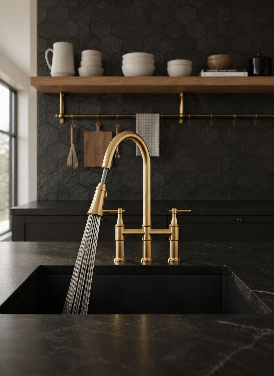 Solid Brass Bridge Kitchen Faucet with Pull Down Sprayer