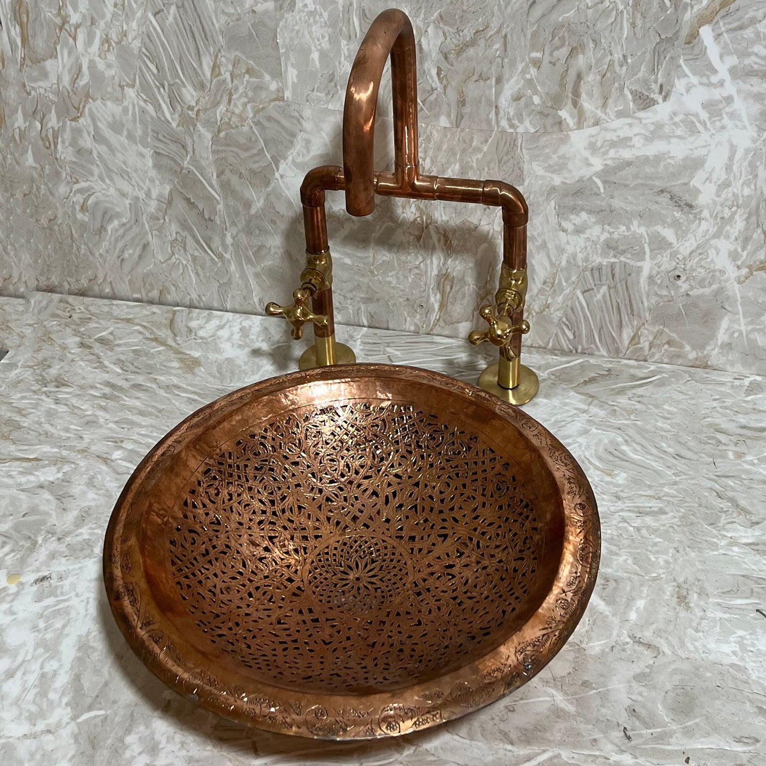 Round Copper drop-in bathroom sink, Handcrafted engraved copper sink