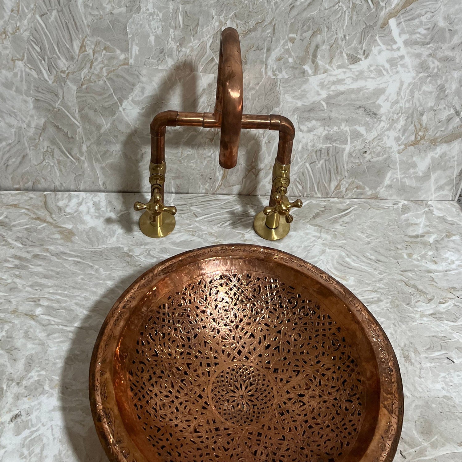 Round Copper drop-in bathroom sink, Handcrafted engraved copper sink
