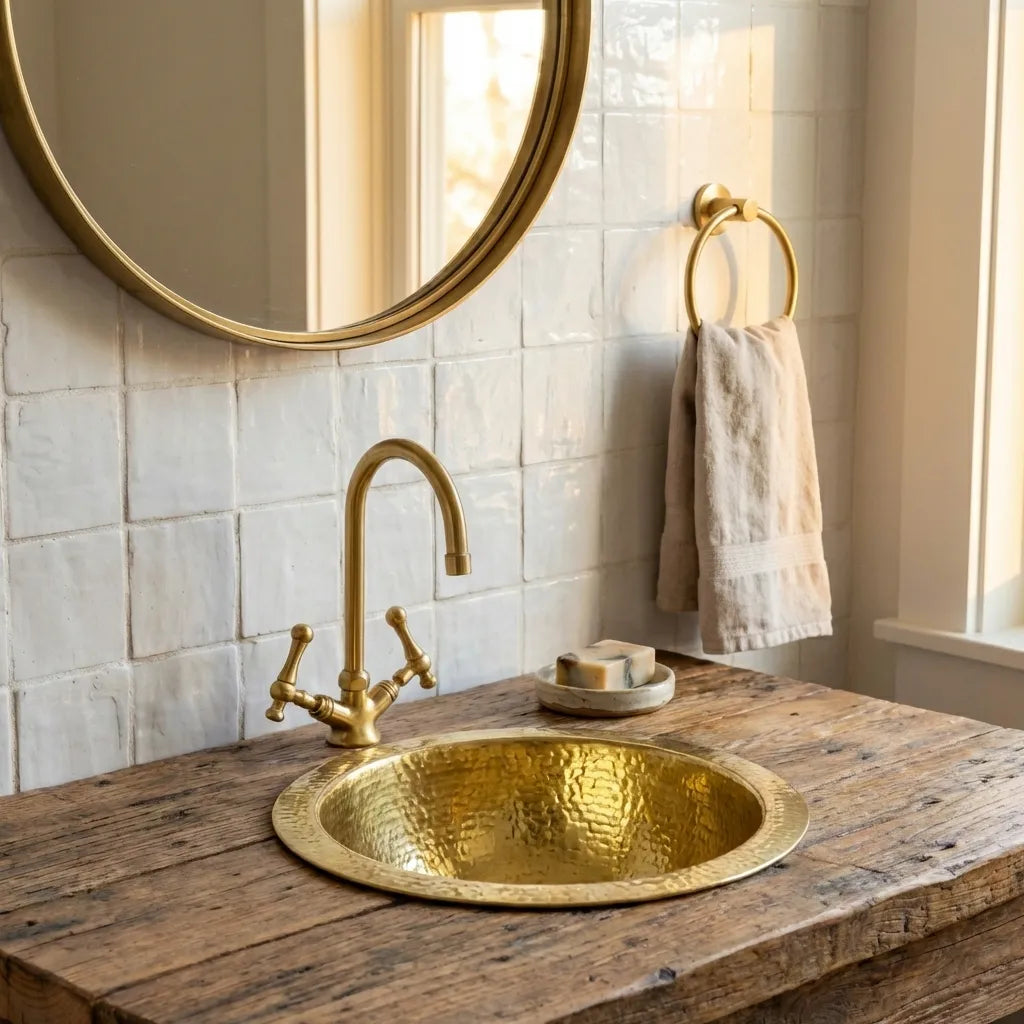 Hammered Unlacquered Brass Round Bar Sink – Solid Brass Prep Sink with Drain