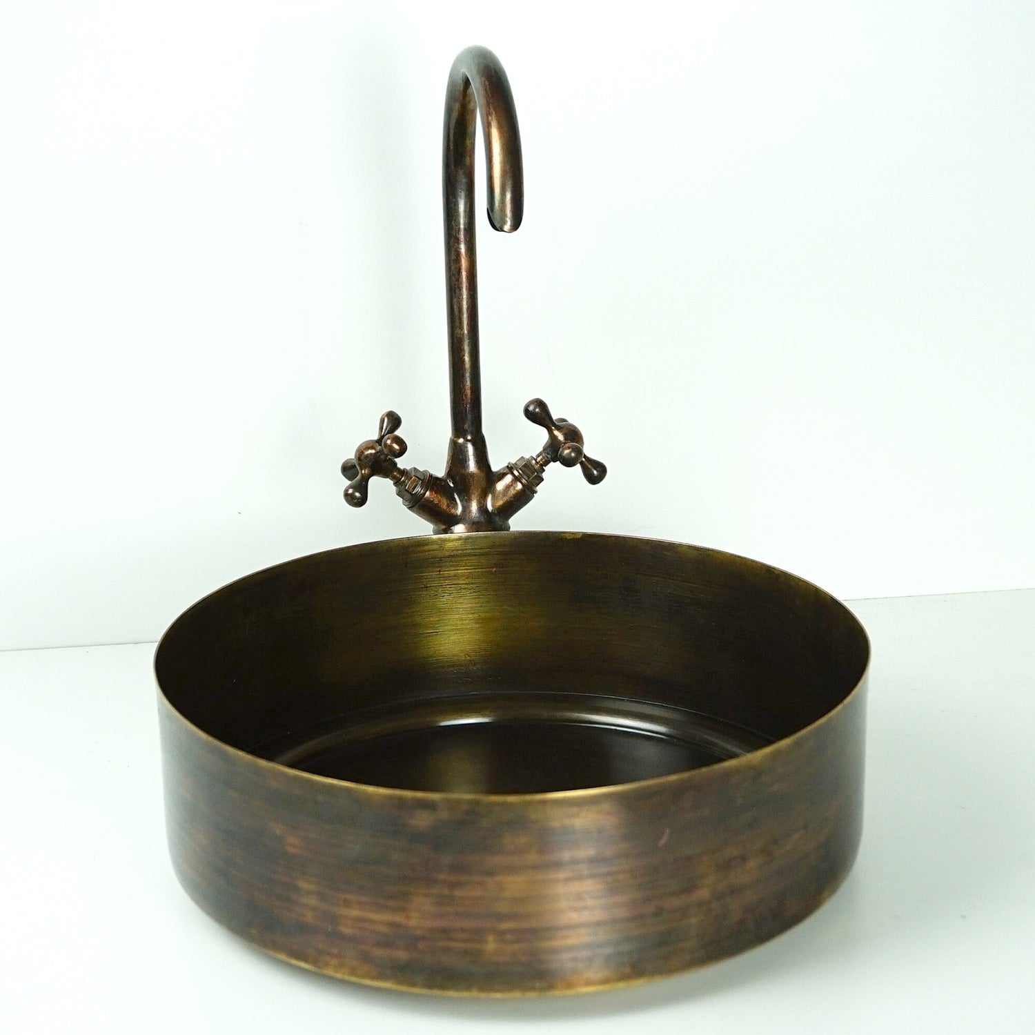 Rustic Brass round Vessel sink with Oil rubbed bronze Faucet