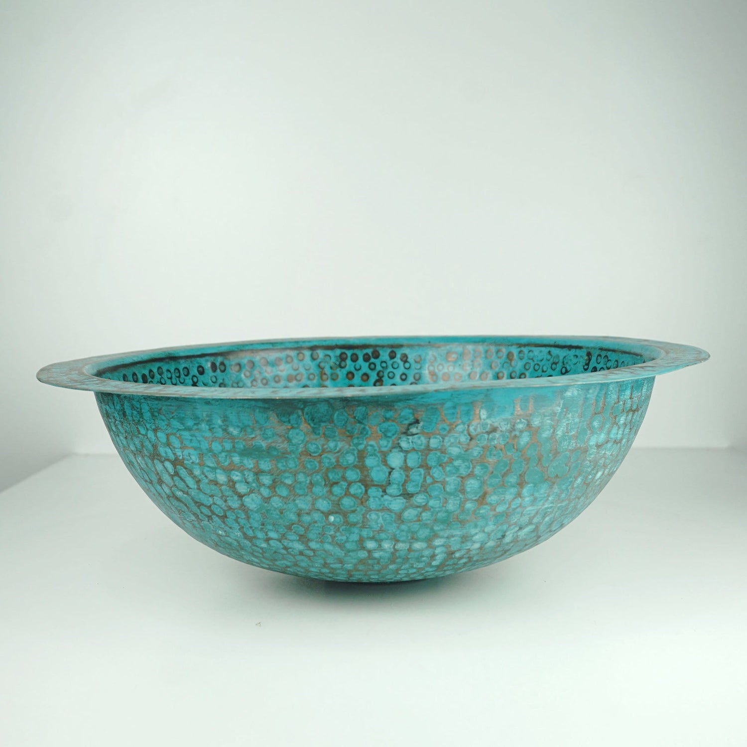 Rustic Green Patina Drop in Sink, Hammered Copper Bathroom Vanity Sink Top Mount